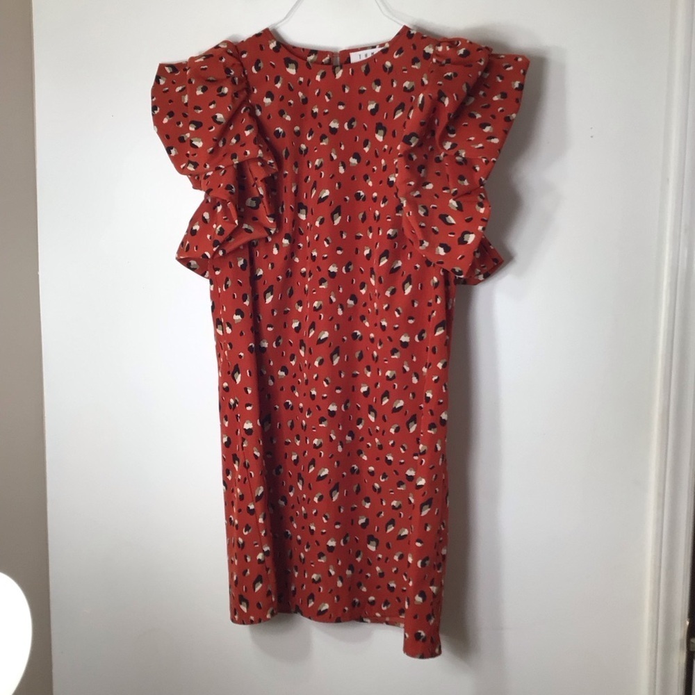 THML dress women medium Giant shoulder ruffle animal print polka dot orange tan
